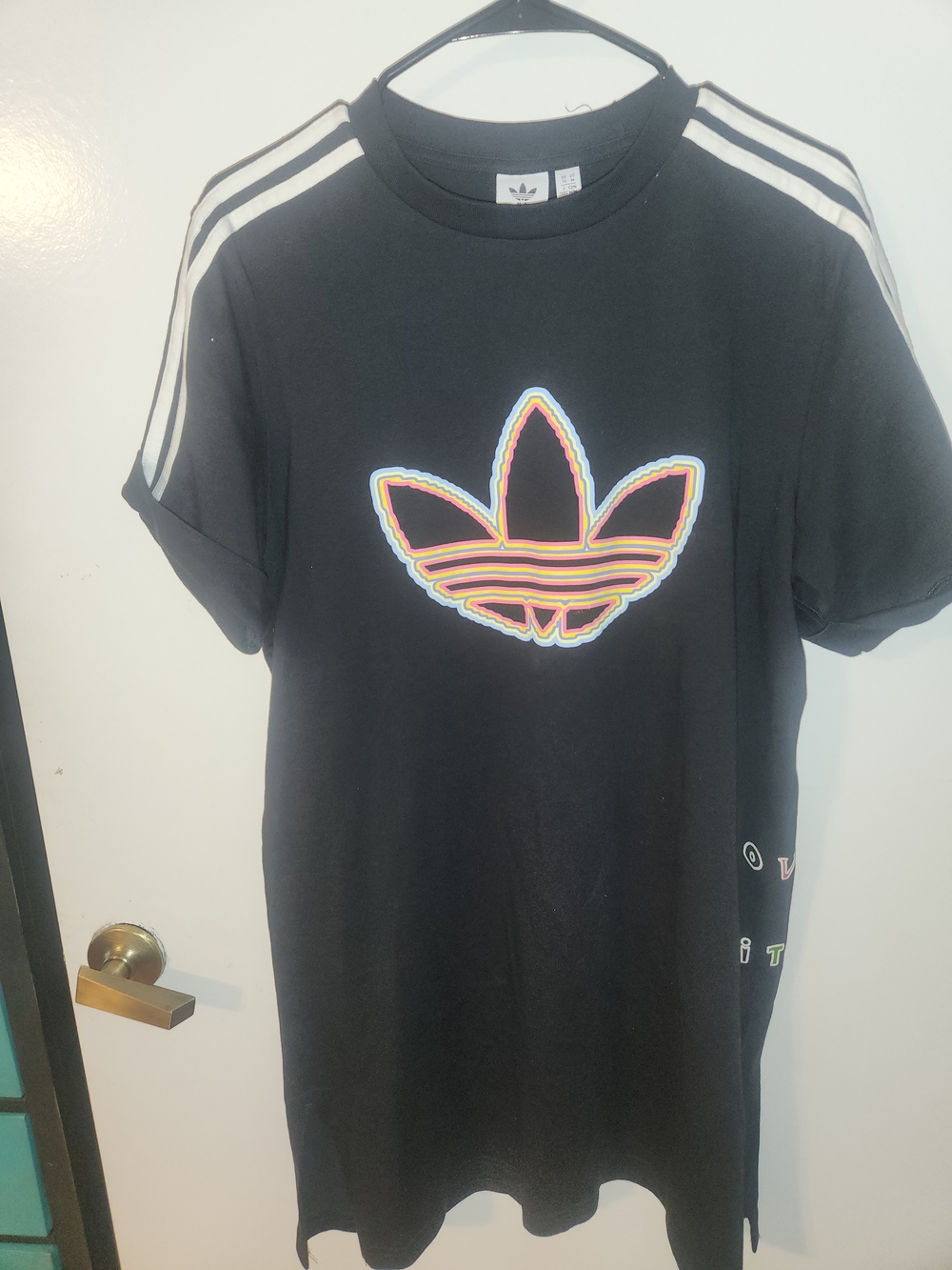 adidas Black Tshirt dress with Rainbow Outlined Trefoil and White Stripes